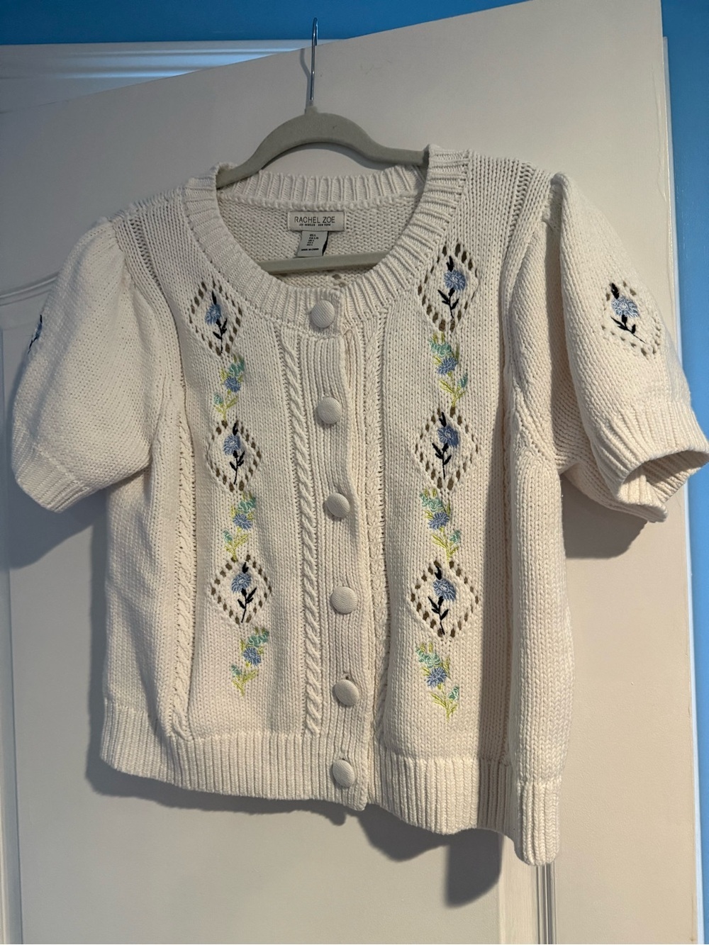 Rachel Zoe Short Sleeve Floral Embroidered Cardigan Size Large